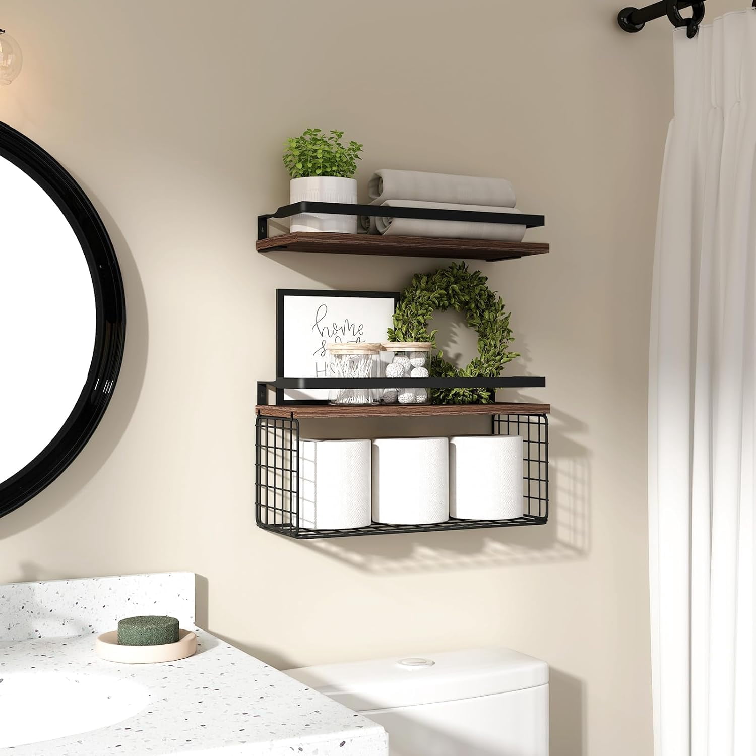 Floating Shelves with Wire Storage Basket, Bathroom Shelves Over Toilet, Set of 2