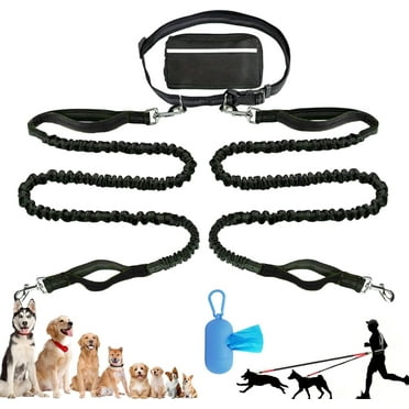 Hands Free Dog Leash with Zipper Pouch, Entrancet Extendable Reflective Bungee Waist Leash with Dual Padded Handles & Waist Belt Fanny Pack for Training Jogging Hiking (Black,Double Rope)