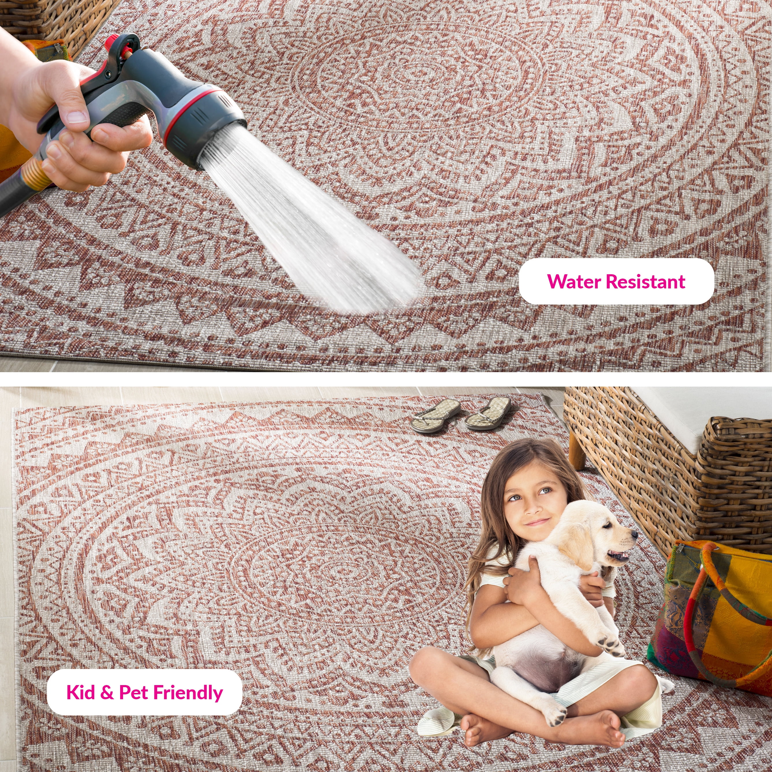 Safavieh Light Beige/Terracotta Floral Medallion Geometric Contemporary Power Loomed Outdoor Rugs, 2' to 5' Round/Square, Water-Resistant