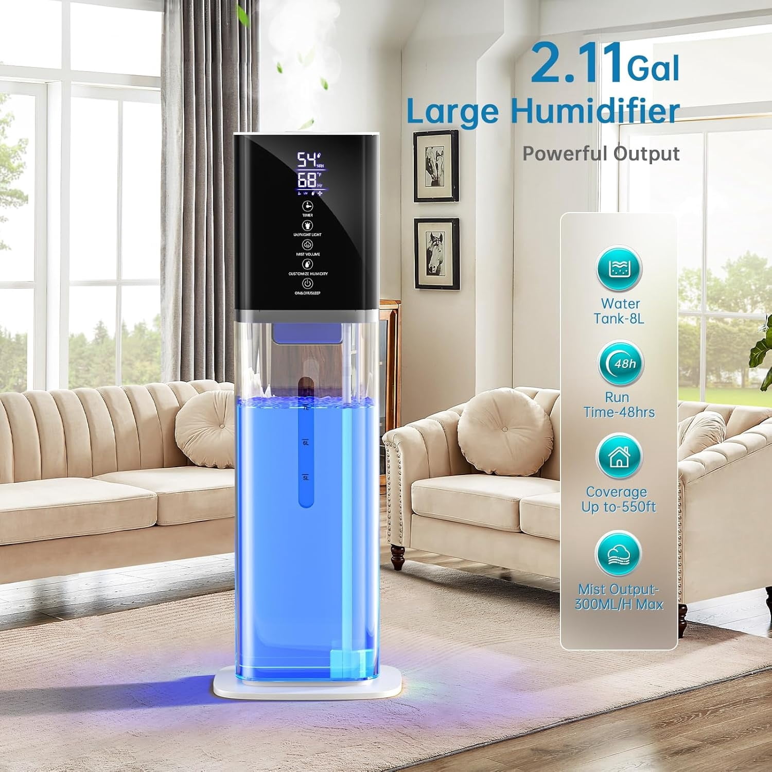 Humidifiers Large Room Bedroom with 7 Colors Light,Honovos 8L 2.1Gal Quiet Ultrasonic Cool Mist Topfill Humidifier with 360° Nozzle 3 Speed Humidistat Essential Oil Tray for Baby Home Plant Yoga Slee