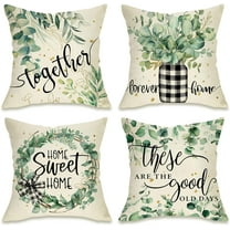 Farmhouse Eucalyptus Leaves Decorative Throw Pillow Cover 16 x 16 Set of 4, Buffalo Plaid Home Sweet Home Wreath Mason Jar Porch Outdoor Pillowcase, Spring Summer Couch Cushion Case Decor