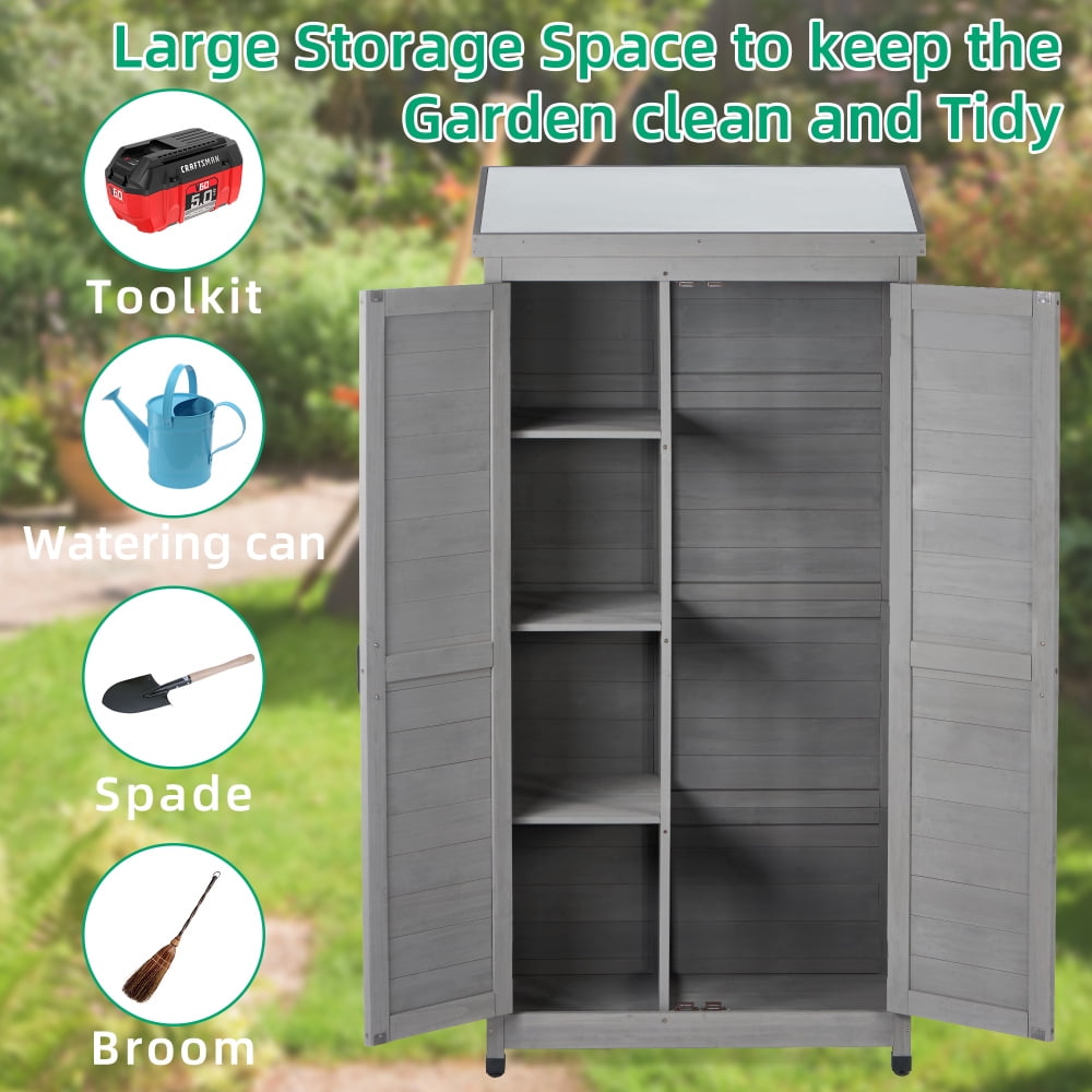 68" Cedar Wood Outdoor Storage Cabinet with Metal Top - Gray Garden Shed for Patio, Deck, Yard - Durable, Waterproof, Magnetic Closure