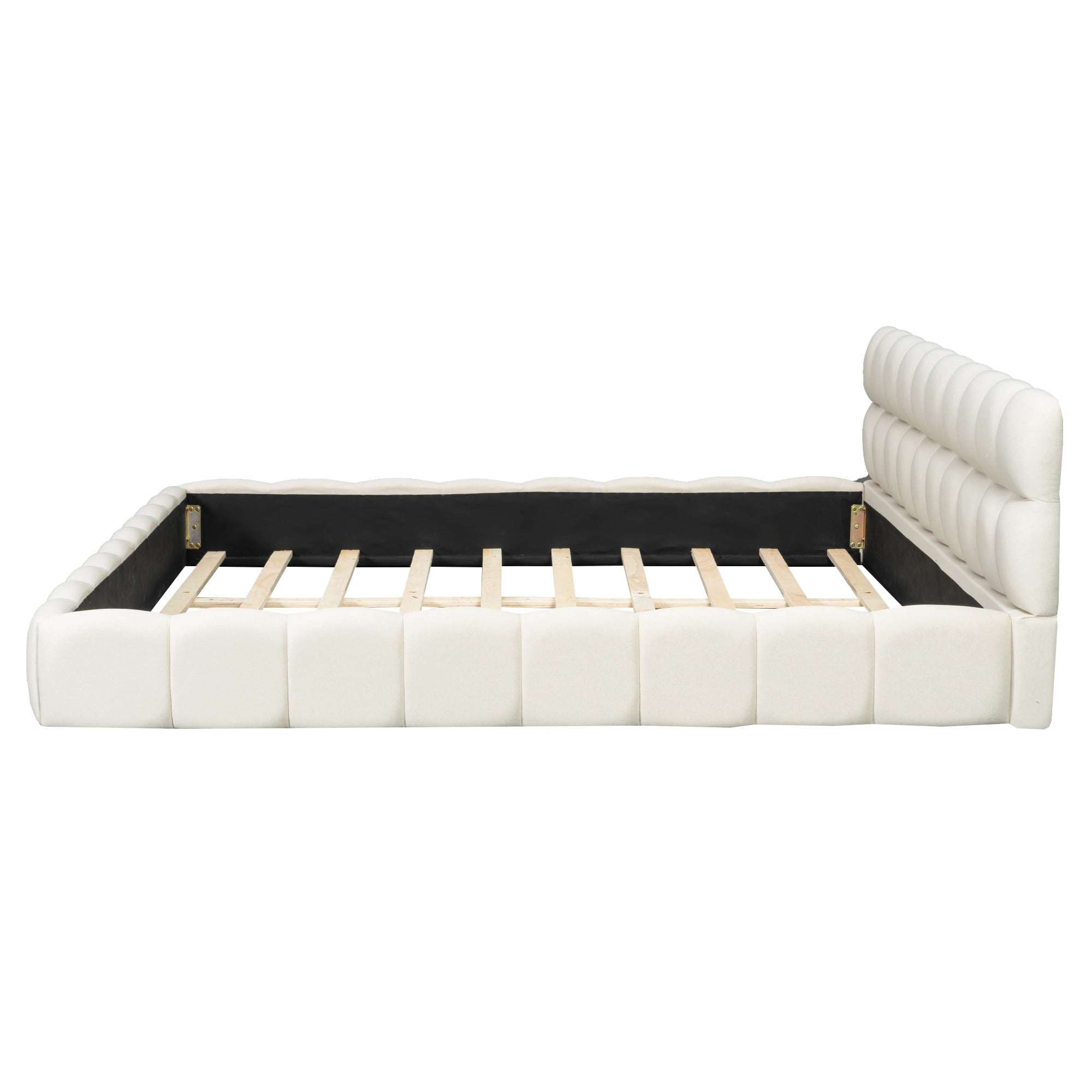Aukfa King Size Upholstered Platform Bed, Modern Grounded Bed Frame with Thick Linen Fabric Headboard & Footboard, Beige
