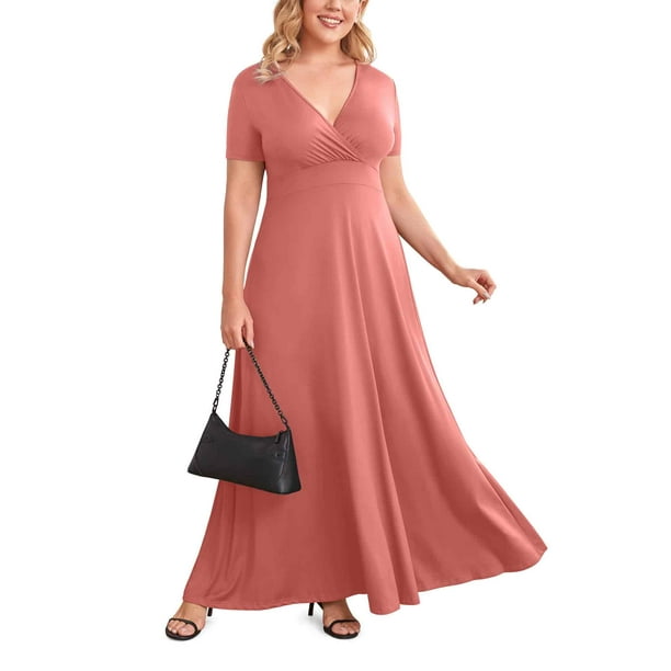 POSESHE Women Plus Size V Neck Short Sleeve Evening Dress, Elegant
