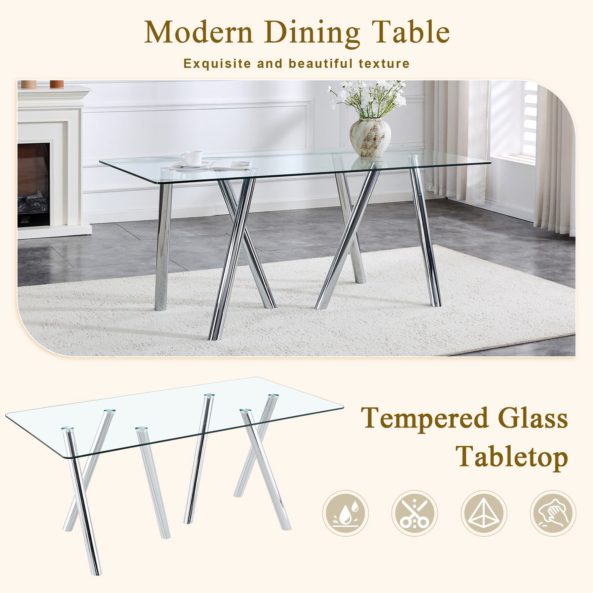 Alvantor 71" Tempered Glass Dining Table with White Metal Legs