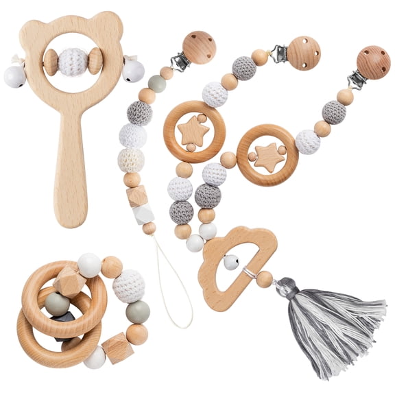 2ooya 4Pcs Baby Stroller Accessories Hanging Ornament Wooden Beads Pendants for Toddlers Infants (Grey)