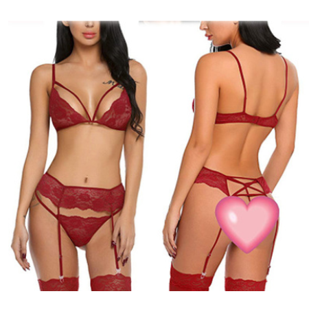 

Women Sexy Babydoll Lingerie Set Lace Bra + Panty + Garter Belt See Through Strap Teddy Sleepwear
