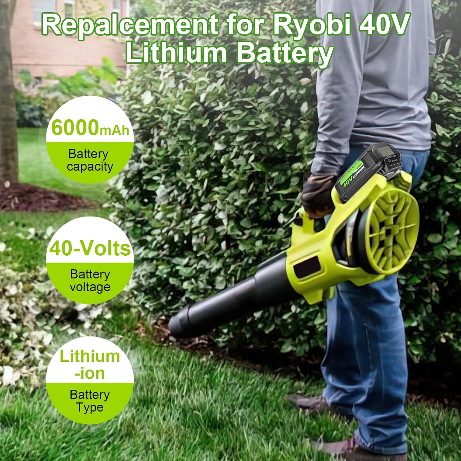 40 Volt Lithium-Ion 6.0 Ah Battery OP40602 Replacement for Ryobi 40V Battery 6.0Ah Compatible with Ryobi 40V Tools and Chargers 1-Pack