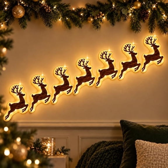 LED Reindeer Wall Decorations Light-Up Wooden Reindeer Christmas Decor 7-Piece Warm Creates a Festive Display for Windows Doors Fireplaces And Smooth Surfaces