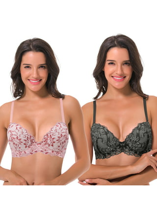 Curve Muse Women's Plus Size Push Up Add 1 Cup Underwire Perfect Shape Lace  Bras-2Pk-Black/Red,Powder Silver-32D