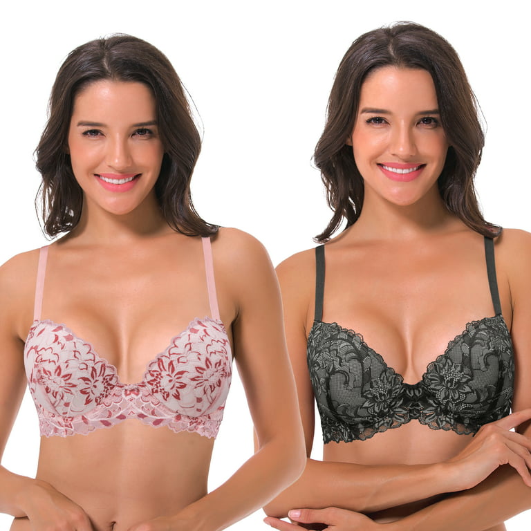 Curve Muse Women's Underwire Plus Size Push Up Add 1 and a Half Cup Lace  Bras-2PK-White/Red,Black/Grey-46C