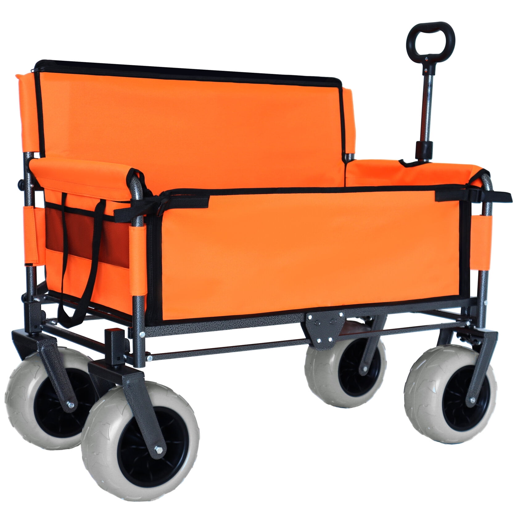 Heavy-Duty 3-in-1 Folding Wagon with Convertible Bench Seat & Padded Base – 500lbs Capacity, 9"x4" All-Terrain Tires for Camping, Beach, and Outdoor Use, Orange