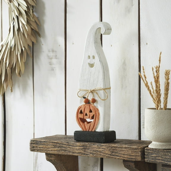 VHC Brands Happy Jack-O-Lantern Wooden Ghost, Fall and Halloween Home Decor for Tables and Shelves, Indoor Decorations for Tabletop Whitewash, Pumpkin Orange, Deep Black, 4.25x12.5