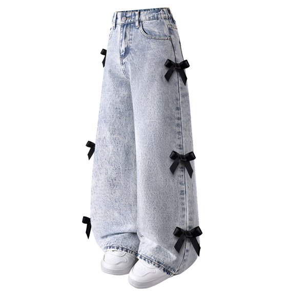 Cute Bow Jeans for Girls Baggy Kids Wide Leg Denim Pants High Elastic Waisted Y2K Boyfriend Skater Streetwear 6-14Y