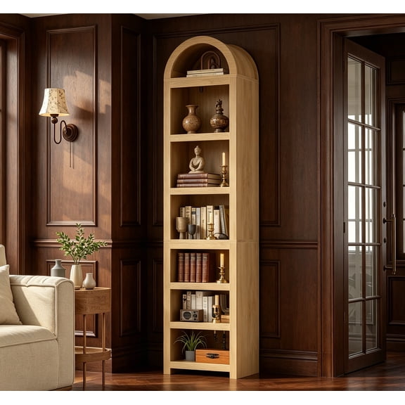 76" Tall Narrow Arched Bookcase, 7-Tier Mid-Century Modern Bookshelf, Adjustable Shelves Offering More Storage Space for Living Room, Kitchen, Home Office, Oak