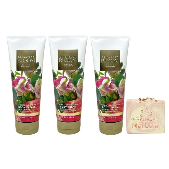 Bath & Body Works Brightest Bloom 3 Pack Body Cream Bundle with a Himalayan Salts Springs Bar Soap - Full Size
