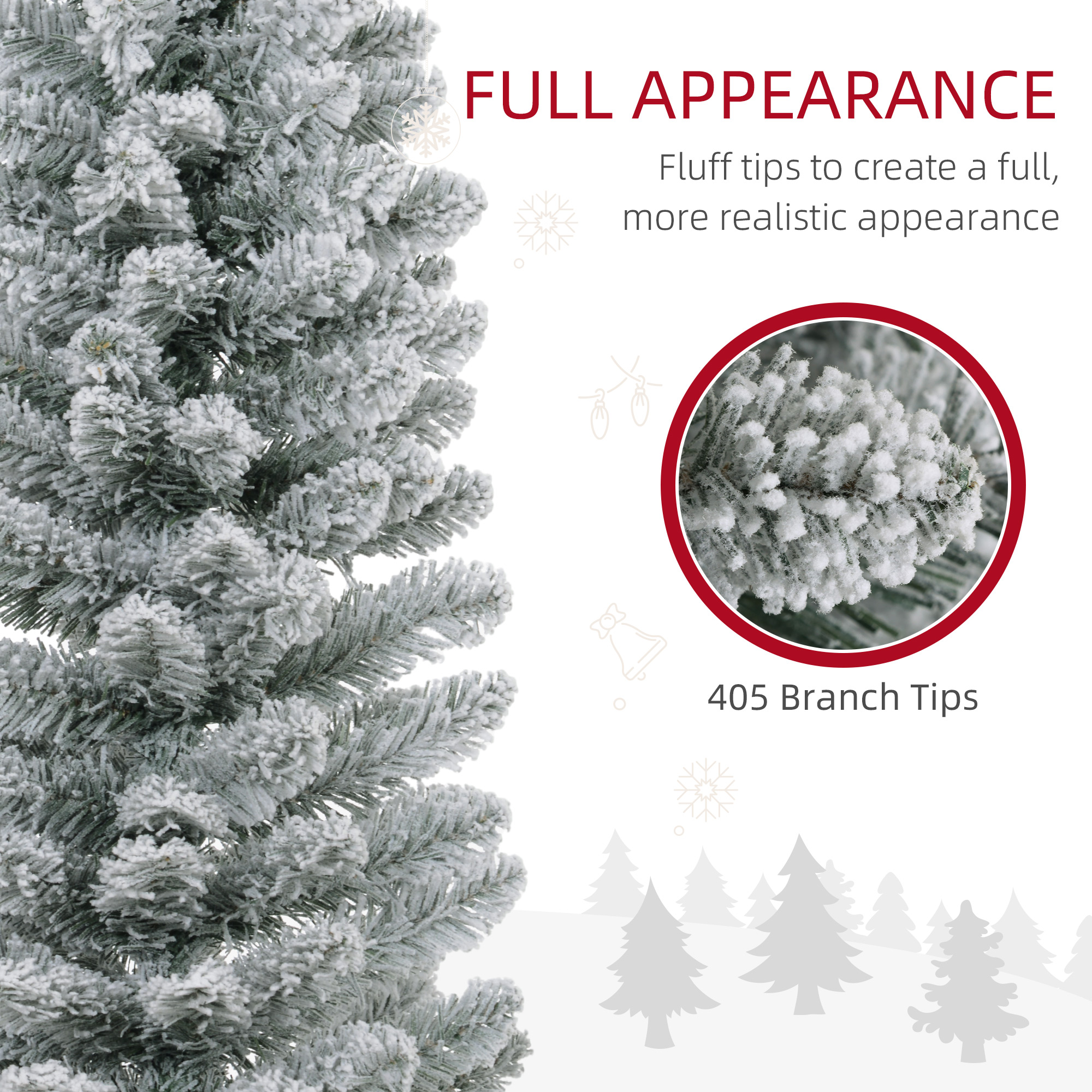 Alvantor Christmas Tree Snowy Pencil with 405 Tips, Unlit with Metal Stand 22.8"x22.8"x82.7" 7ft White