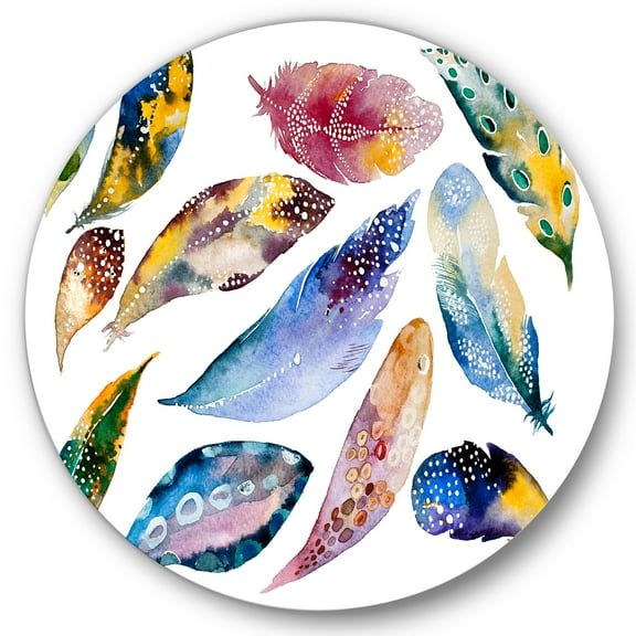 Designart 'Colourful Boho Feather Set On White VI' Bohemian & Eclectic Circle Metal Wall Art 36x36 - Disc of 36