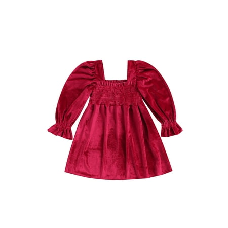 Faithtur Toddler Girl Velvet Dress Long Sleeve Solid Color Frill ...