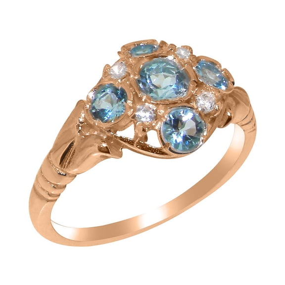 LBG British Made 9k Rose Gold Natural Blue Topaz & Diamond Womens Statement Ring - 33 size options - Size 10