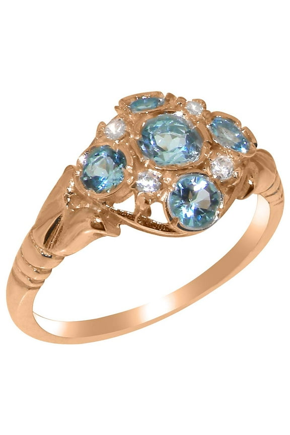 LBG British Made 18k Rose Gold Natural Blue Topaz & Diamond Womens Promise Ring - 33 size options - Size 4.5