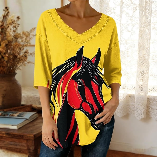 TaTaai Womens 3/4 Sleeve V Neck Printed Tops Casual Loose Fit Pullover Blouses Soft Lightweight Comfy Spring Summer Daily Wear Shirts for Women Gift