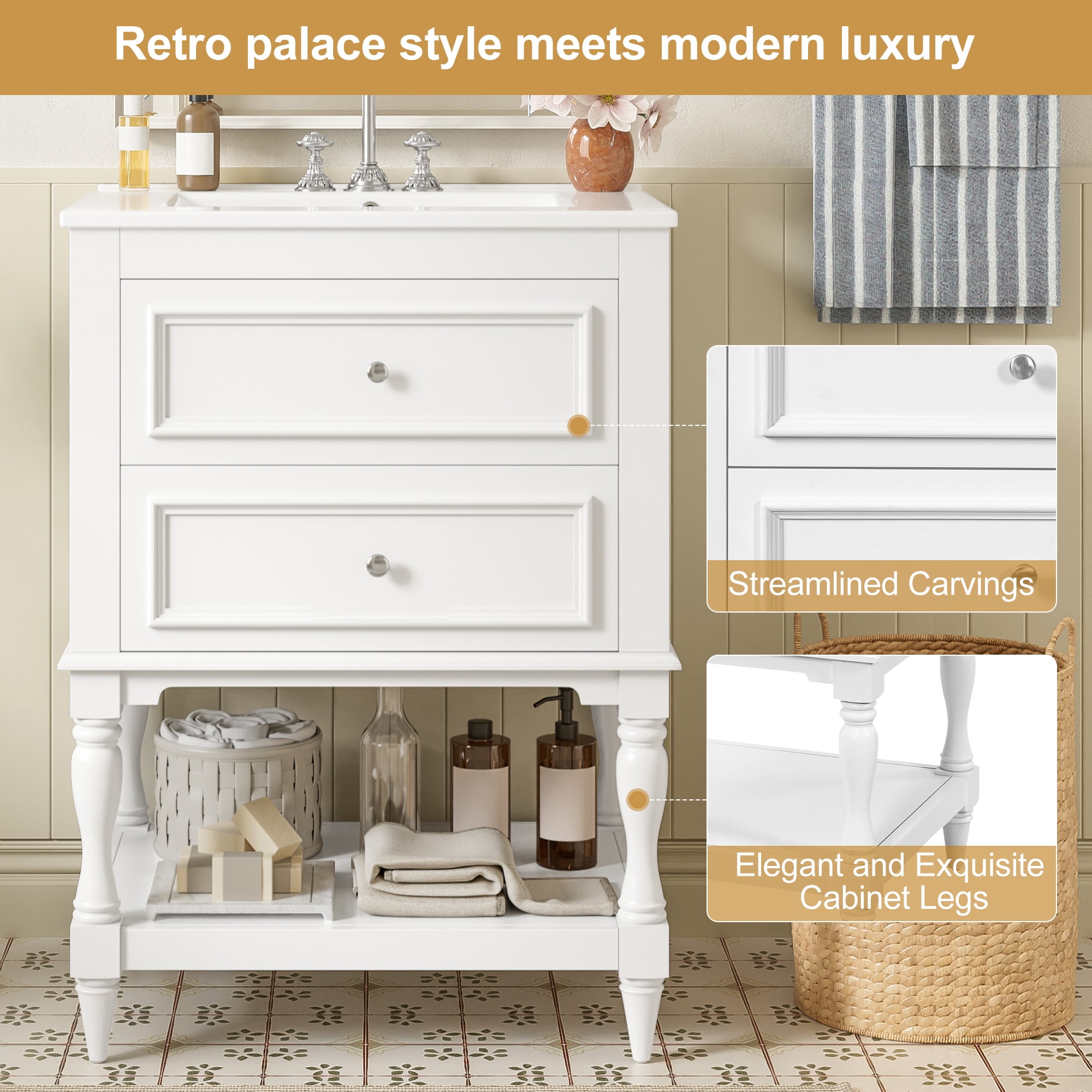 24" Bathroom Vanity with Ceramic Sink, Retro Design Storage Cabinet with 2 Drawers and Open Shelf, for Bathroom, White