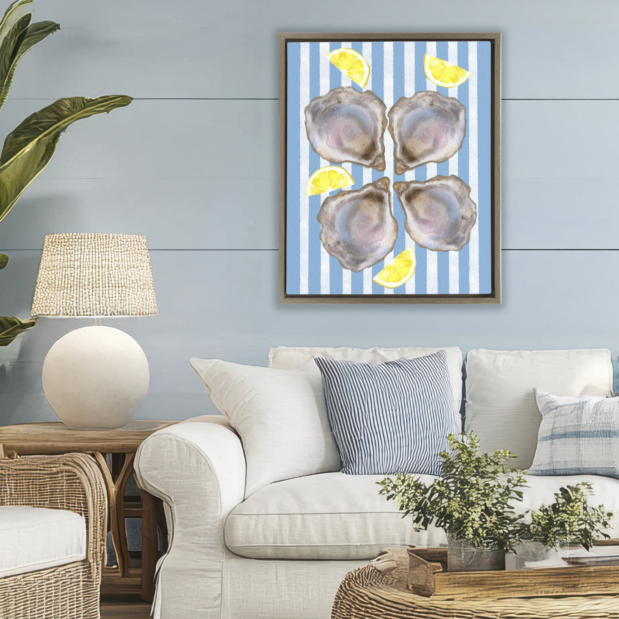 Stupell Industries Blue Stripe Oysters Brown Framed Floater Canvas Wall Art, design by Matthew Piotrowicz