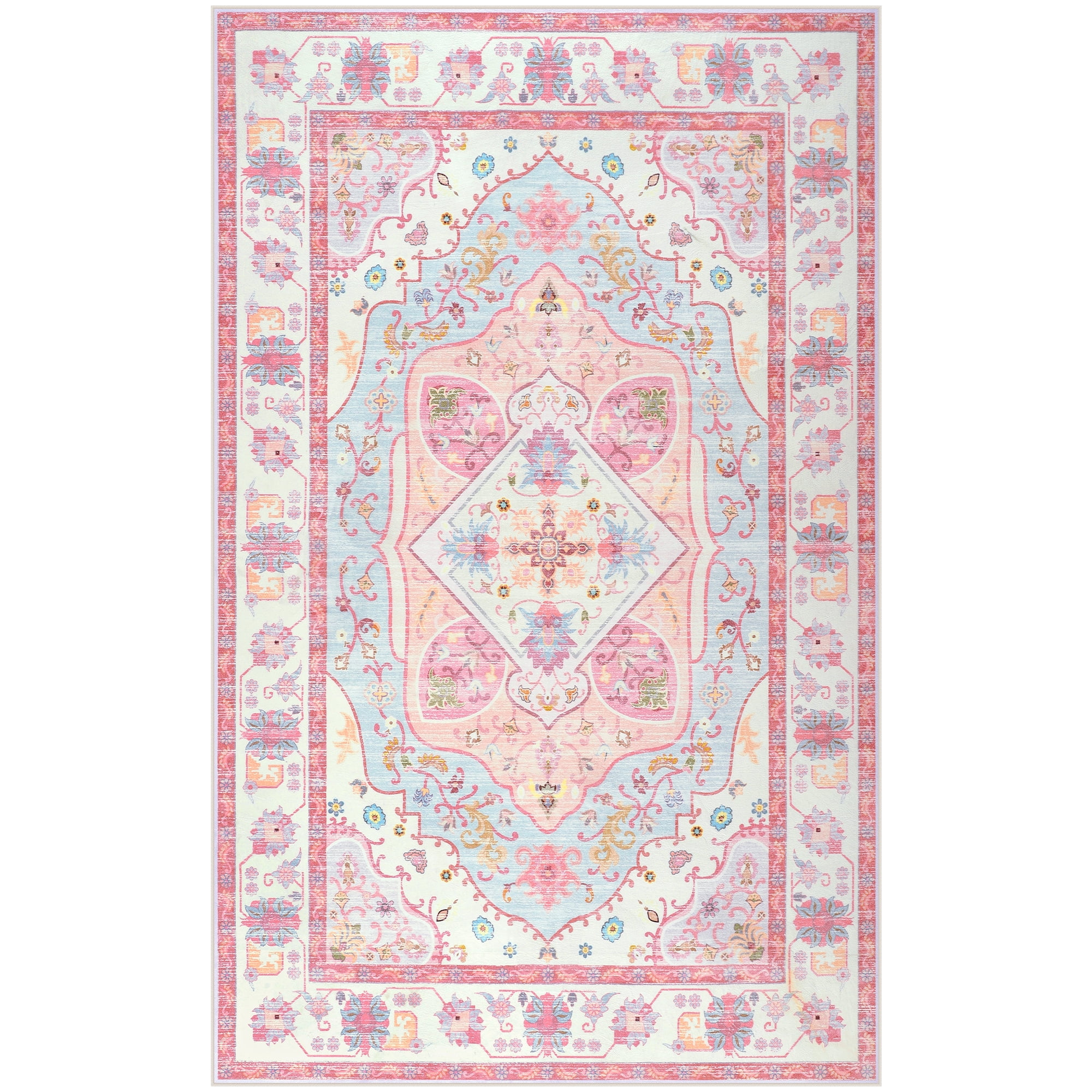 Balacho Pink Persian Medallion Area Rug Floral Pattern Low-Pile Carpet for Bohemian Living Room, 5' x 8'