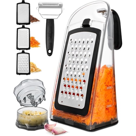 Cheese grater with garlic crusher - Box vegetable chopper with stainless steel blade - Kitchen grater - Cheese grater with handle - Garlic chopper and vegetable peeler