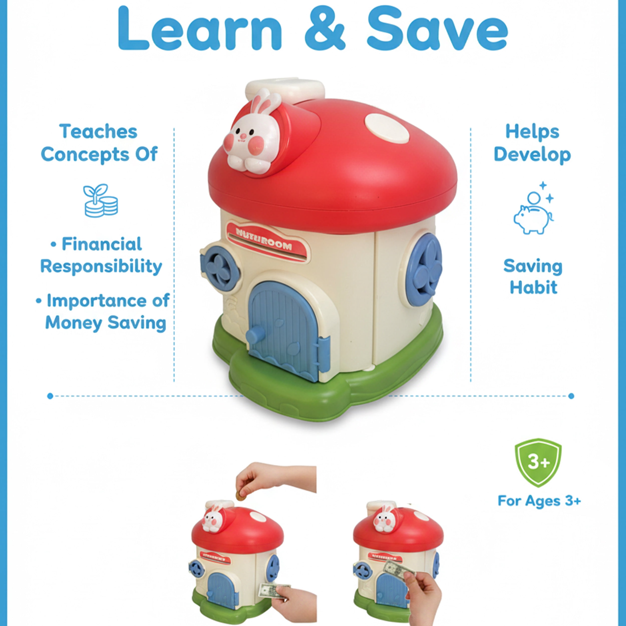 Mushroom House Piggy Bank with Lock and 2 Keys – Cute Coin Bank for Kids, Decorative Savings Money Box