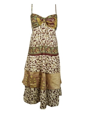 Mogul Women Beach Dress, Spaghetti Strap Dress Bohemian Dresses, Handmade Beige Red Tribal Print Summer Boho Chic S/M