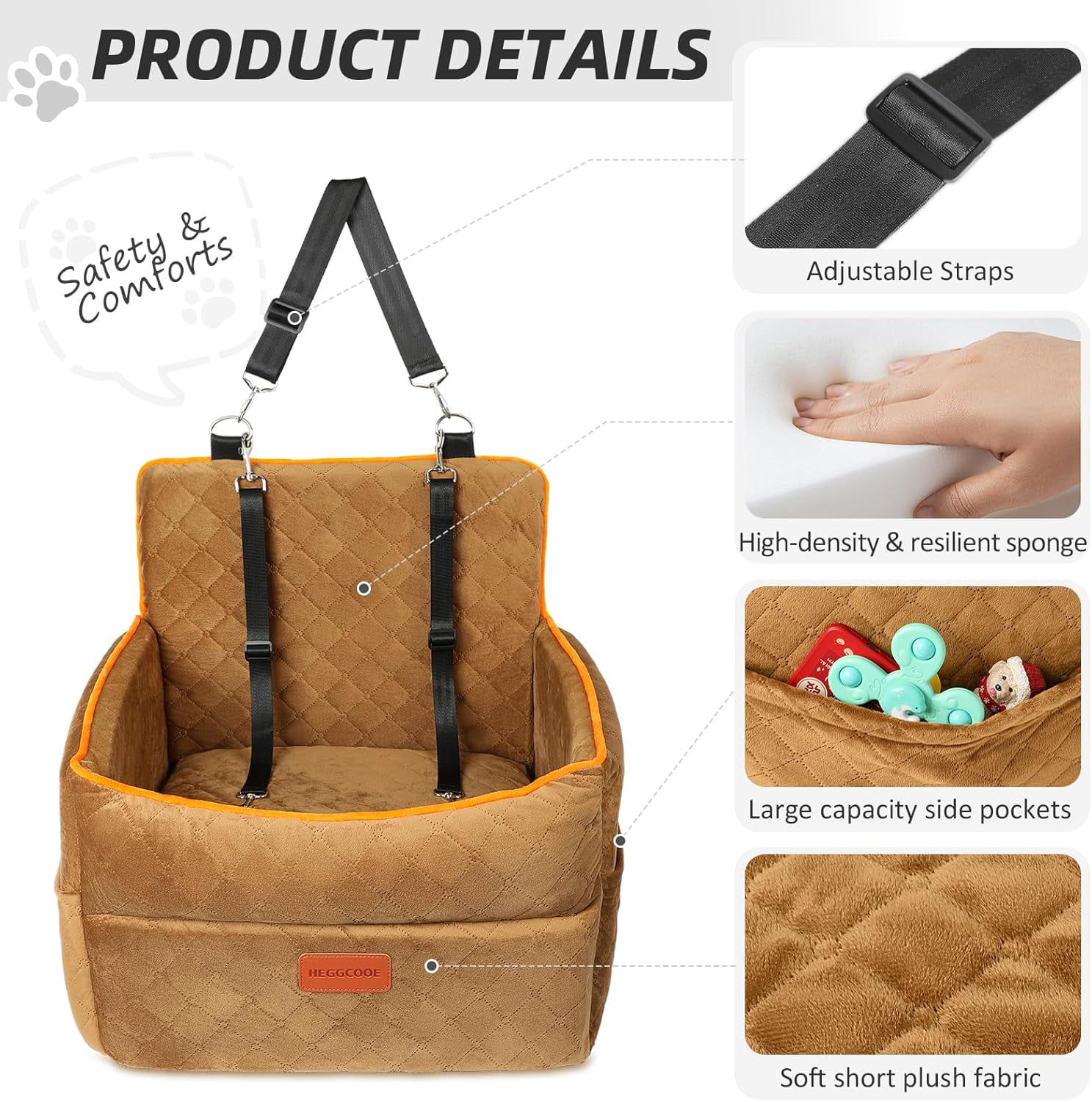 Dog Car Seat For Small Medium Dogs, Memory Foam Booster Car Seat For Dogs Up To 35 Lbs, Elevated Pet Car Seat, Travel Safety Bed With Washable Removable Cover And