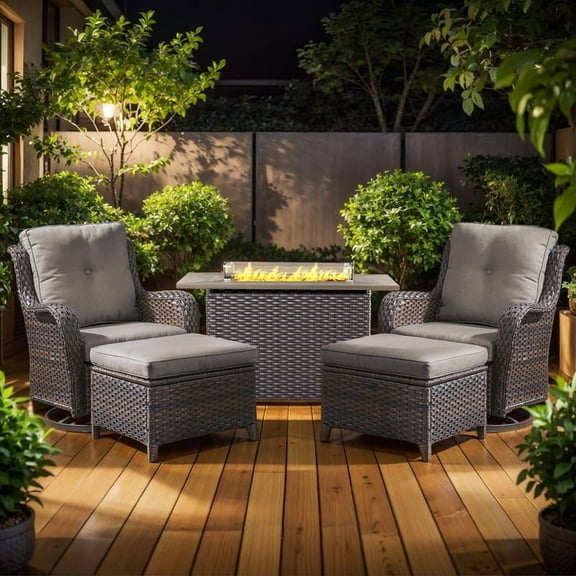 Gymojoy 5-Piece High Back Outdoor Wicker Conversation Set with Swivel Chairs, Ottoman & 50,000 BTU Fire Pit Table - Patio Furniture Set for Deck, Porch, Poolside