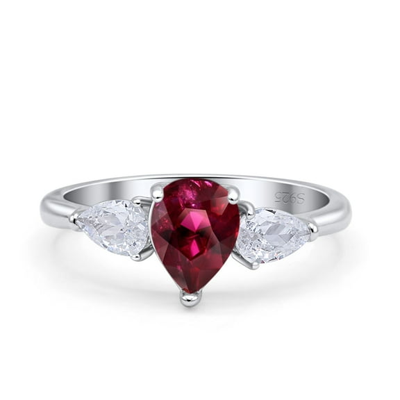 Three Stone Teardrop Pear Art Deco Ruby CZ Ring Band 925 Sterling Silver Size 5