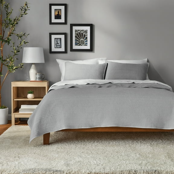 Mainstays Garment Washed Stripe Quilt, Silver Grey, King, Microfiber, All Ages