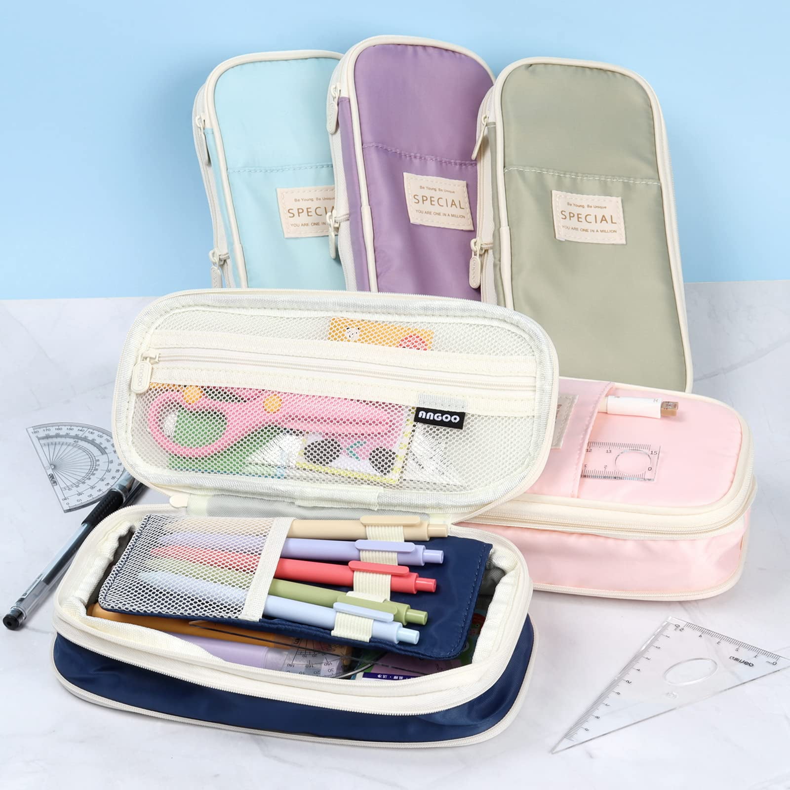 KPX Big Capacity Pencil Pen Case Bag with Zipper Office College School  Storage Large Capacity Bag Pouch Holder Box Organizer Colorful (Light Blue)