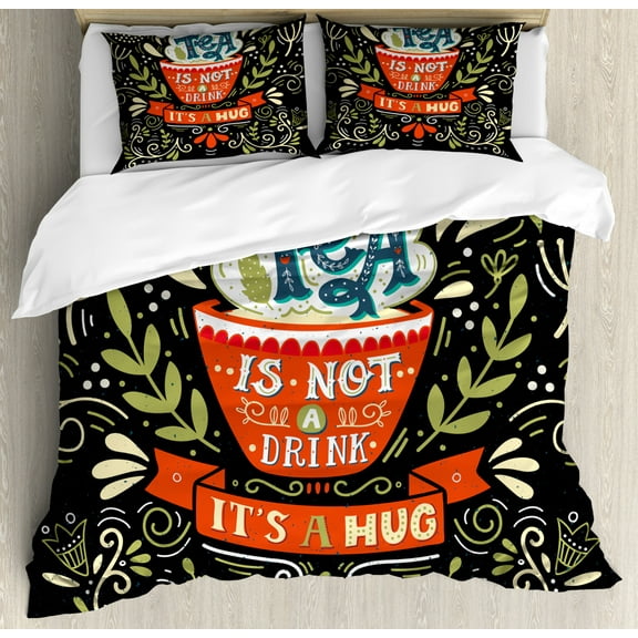 Saying Duvet Cover Set Queen Size, Tea is not a Drink It's a Hug Text with Cup and Botanical Elements on Dark, Decorative 3 Piece Bedding Set with 2 Pillow Shams, Charcoal Grey White, by Ambesonne