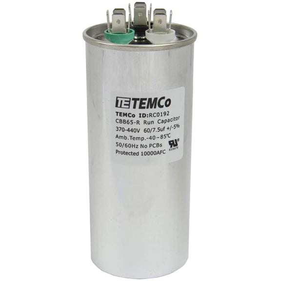 TEMCo 60 7.5 uF Dual Run Capacitor CBB65, 60/7.5 MFD, 370-440V, Round, 50/60Hz