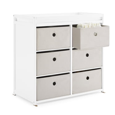 Delta Children Hayes Baby Changing Table with Fabric Bins, Bianca White/Flax Bins