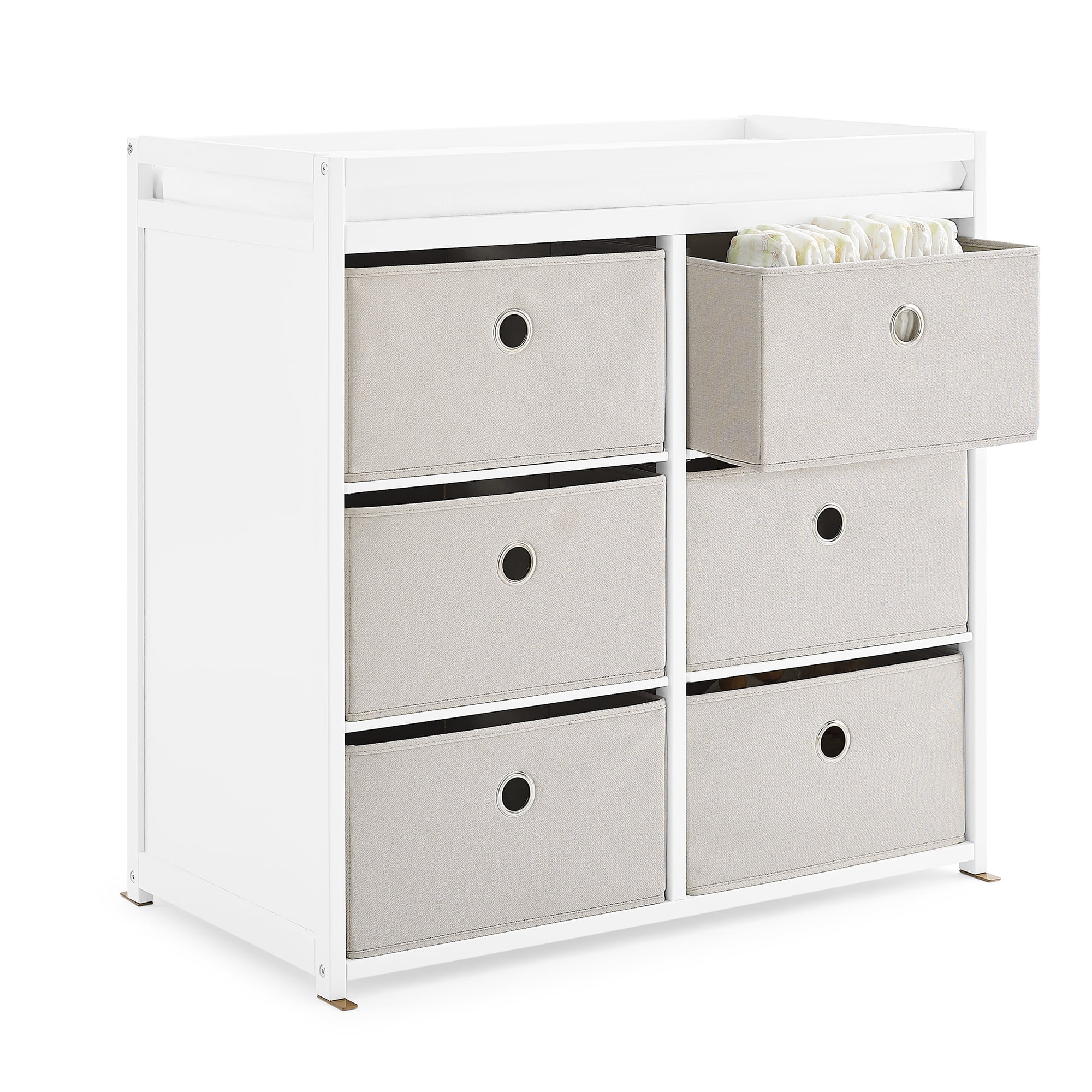 Delta Children Hayes Baby Changing Table with Fabric Bins, Bianca White/Flax Bins
