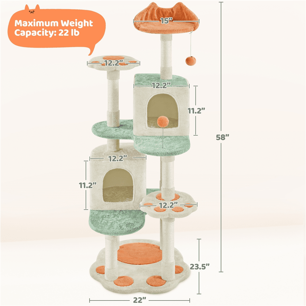 Yaheetech 58'' H Cat Tree Paw-Shaped Play Tower with Platform, Condo, Scratching Posts, Beige