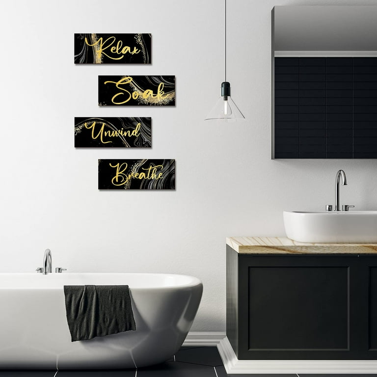 4 Pieces Bathroom Wall Decor Relax Soak Unwind Breathe Wall Art Wooden Bathroom Hanging Signs Rustic Vintage Farmhouse Gold Bathroom Wall Decor for