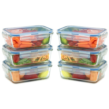 6 pack Glass Meal Prep Containers for Food Storage w/ Snap Locking Lids Airtight & Leak Proof - BPA Free - Oven, Dishwasher, Microwave, Freezer Safe - Odor and Stain Resistant USDA Food Grade