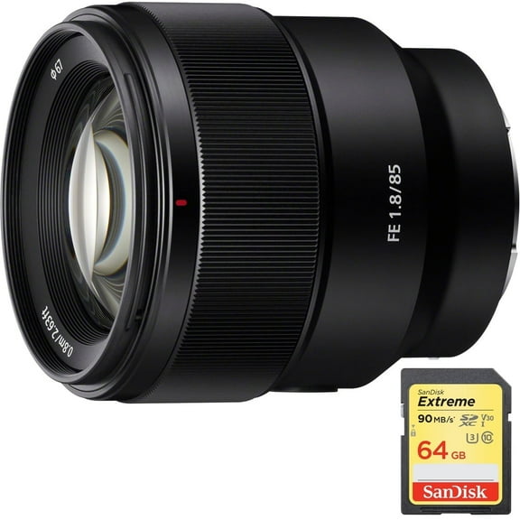 Sony FE 85mm F1.8 Full-frame E-mount Fast Prime Lens (SEL85F18) with Sandisk 64GB Extreme SD Memory UHS-I Card