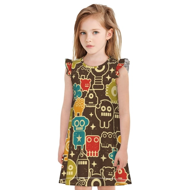 Balery Robot and Monsters Camisón de princesa para niñas, pijama de algodón con mangas abullonadas, suave y bonito.-X-Large