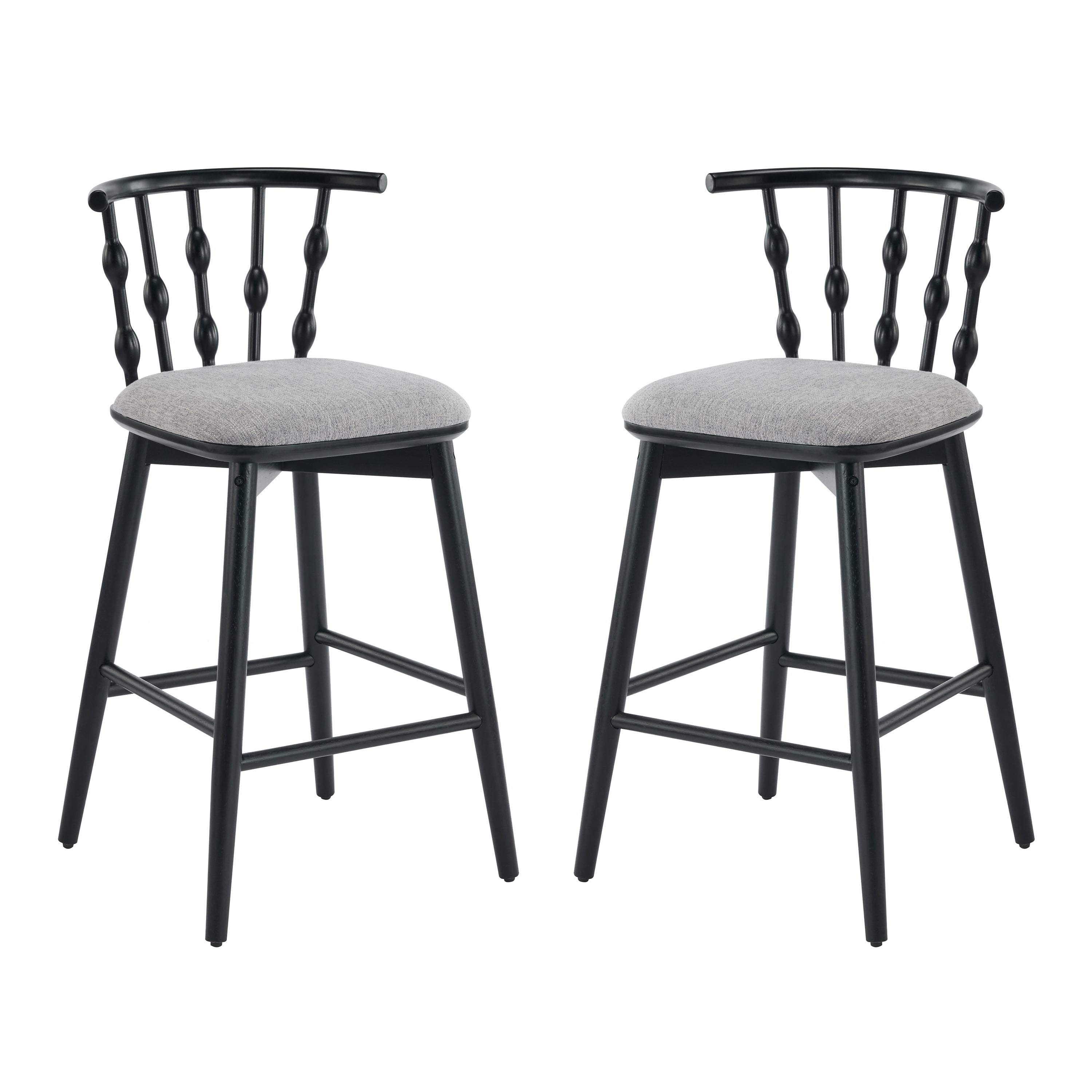 Indoor Barstool Set of 2, Black Rubberwood Frame with Grey Fabric Upholstery for Kitchen Counter Home Bar
