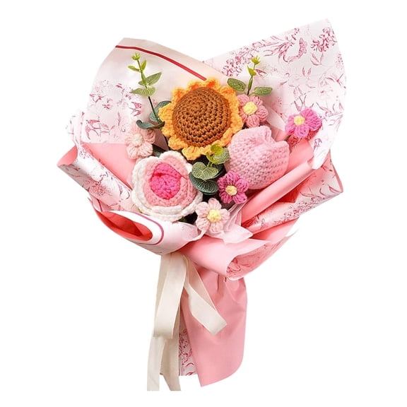 Handmade Crochet Sunflower & Rose Bouquet - 35cm/13.78in Knitted Flower Arrangement, Home Decor Gift, Tulip Mix (Pink & Yellow)