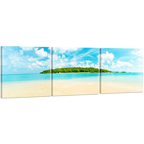 Canvas Wall Art Decor - 24x24 3 Piece Set (Total 24x72 inch) - Caribbean Island Ocean Beach - Large Decorative & Modern Multi Panel Split Prints for Dining & Living Room, Kitchen, Bedroom & Office