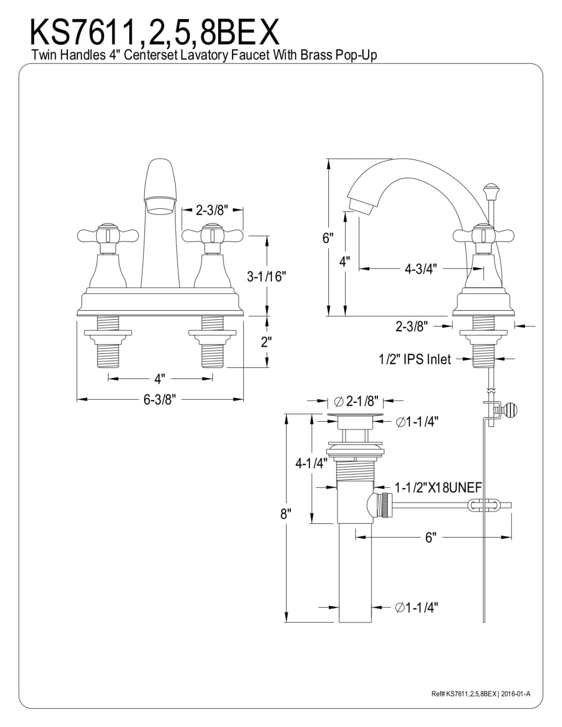 Kingston Brass KS7612BEX 4 in. Centerset Bathroom Faucet, Polished Brass